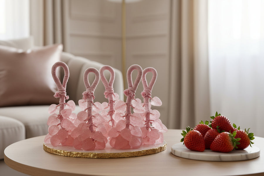 Decorative item with pink heart-shaped elements and handles on a white background